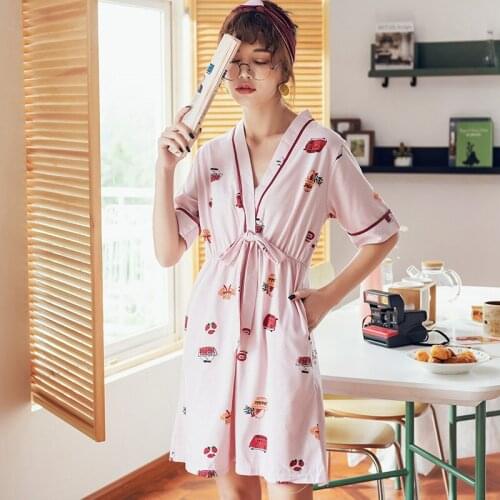 Kimono Pajamas Womens Summer Short Sleeve Pure Cotton Fresh Sweet Strawberry Loose Princess Nightdress Female Pyjama Sleepwear
