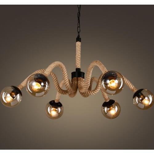 Industrial Retro Magic Beans Hemp Rope Pendant Light 6 Lights American Village Loft Glass Lampshade Bar Cafe Hanging Lamp PL668