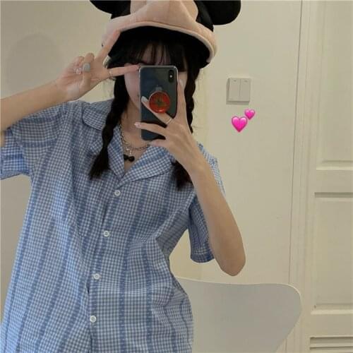 QWEEK Plaid Stripes Pyjamas Womens Summer Suit Pajamas with Shorts Korean Simple Style Pijamas Teen Girls Home Clothes Roomwear