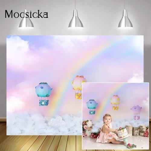 Rainbow Children Portrait Background Cloud Floral Hot Air Balloon Backdrop Baby Birthday Art Cake Smash Studio Photography