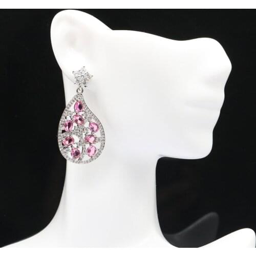 41x22mm Bohemia Design Created Big Pink Tourmaline Cubic Zircon Gift For Sister Silver Earrings