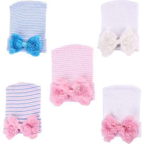 Lace Bow Flower Hat Newborn Baby Cotton Beanie Cap Infant Girl Soft Pure Cotton Knitted Bonnet Bebe Hospital Hats Bow 0-3 Months