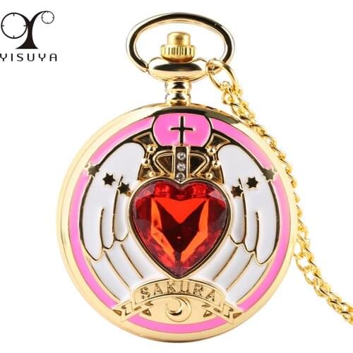 Lovely Red Heart Stone Student Necklace Pocket Watch Quartz Movement Pendant Student Retro Clock Gift for Anime Girl