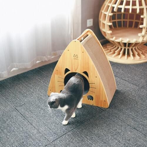 Triangle Cat House With Corrugated Board Cat Climb Scratching Pet Toys Cat Bed Scratch Pad Wooden Cat Cage