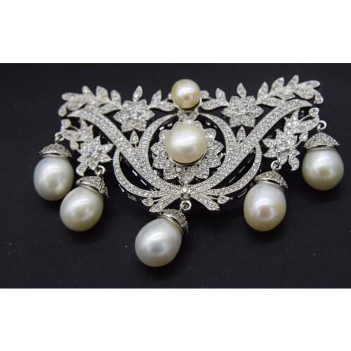 Wow! zircon and freshwater pearl white coin unique shape brooch nature wholesale FPPJ for xms gift