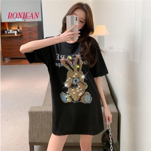 Beading Cartoon Rabbit Women T-shirt Harajuku Plus Size Short-Sleeved Kawaii Women Cotton Loose Crystal Maxi Korean Clothes Top