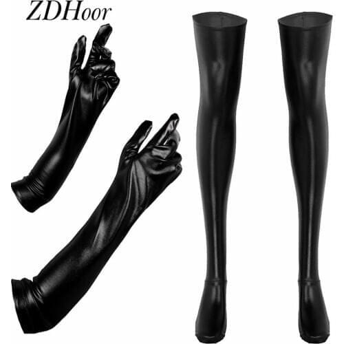 Sexy Pole Dance Costume Accessories Women Ladies Metallic Latex Long Gloves with Stocking Erotic Cosplay Wetlook Leather Clothes