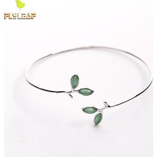 Flyleaf 100% 925 Sterling Silver Opal Leaves Buds Open Bracelets & Bangles For Women Fashion Creative Lady Jewelry