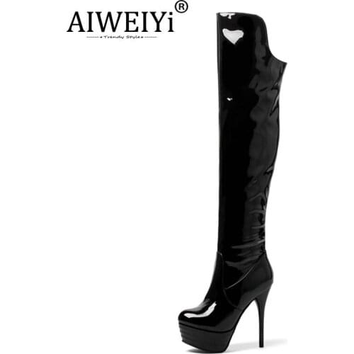 AIWEIYi Patent Leather Super High Heel Over The Knee Boots Woman Thigh High Boots Black Red Ladies Dancing Boots Shoes Woman