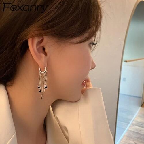 Foxanry Prevent Allergy 925 Sterling Silver Hoop Earrings for Women New Trendy Elegant Vintage Charm Tassel Chain Party Jewelry