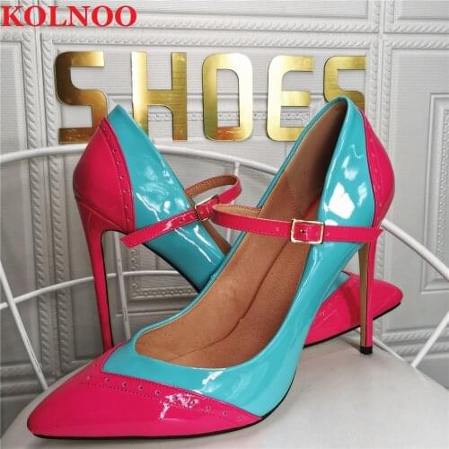 Kolnoo Handmade Womens High Heels Pumps Two-Tones Mary Janes Patchwork Leather Party Prom Evening Large Size Fashion Court Shoes