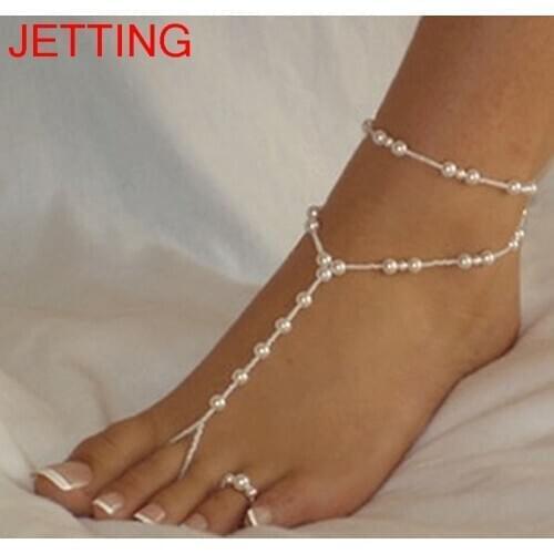 Women Ankle Bracelet 1 SET Fashion Pearl Anklet Beach Imitation Pearl Barefoot Sandal Anklet Chain Foot Jewelry