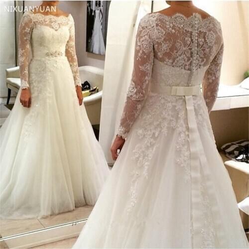 Long Sleeves Wedding Dresses 2021 Lace Appliques Beaded Tulle Belts A-line Sweep Train Bridal Gowns Wedding Gowns