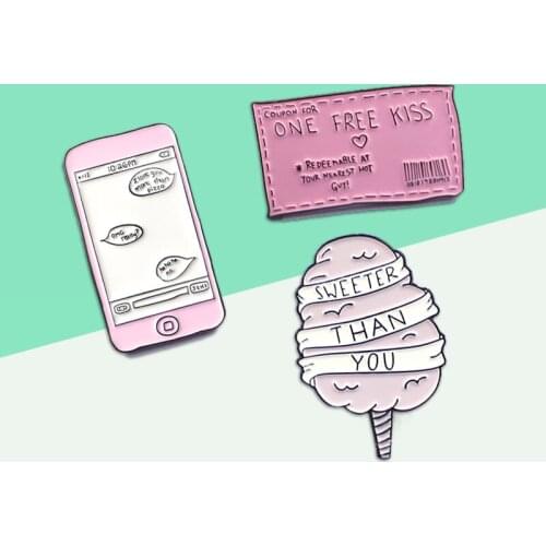 Pink Lovely Sweeter Than You Mobile Chat Message Cotton Candy Ticket Free Kiss Mental Badge Gentle Lapel Collar Pins Gift For Lo
