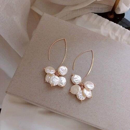 1 Pair Korean Flower Earrings Imitation Pearl Crochet Hook Dangling Female Fashion Bohemian Style Gold Dangle Piercing Jewelry