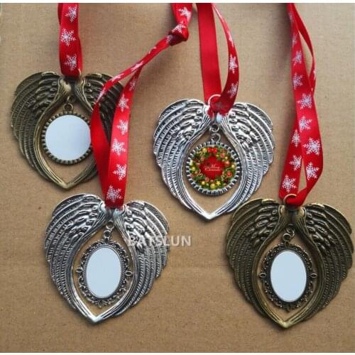 10pcs Sublimation Blanks Christmas Ornament Pendant Angel Wing Shape Xmas Decoration Hot Transfer Print With Snowflake Red Rope
