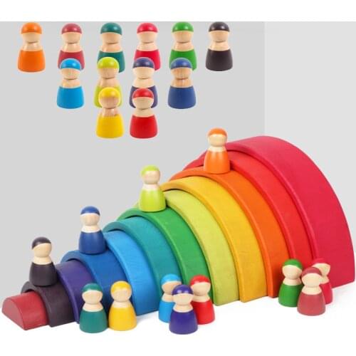 12pcs Baby Wooden Rainbow Friends Peg Dolls Toy Montessori Arch Pretend Play People Figures for Kids Wooden Toys Gifts Game