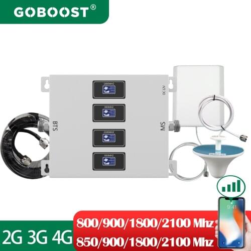 GOBOOST Four Band 3G 4G Celluar Amplifier 800 850 900 1800 2100Mhz Cell Phone Signal Booster 70Db Network Reapeater Cable a Set