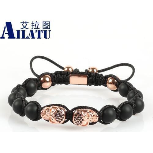 Ailatu Powerful Micro Pave Cz Skull Head Charm with 8mm Matte Onyx Beads Braiding Macrame Bracelet Jewelry