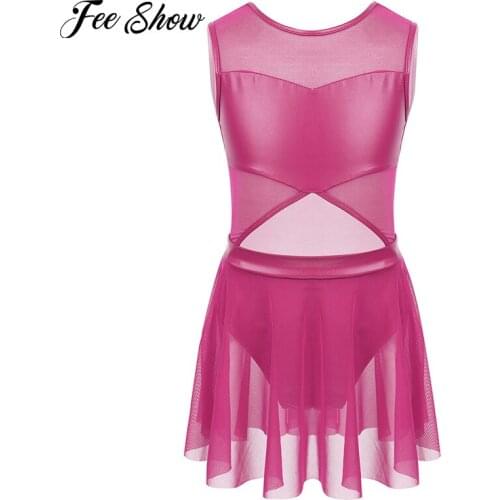 Sleeveless Tulle Faux Leather Splice Cutouts Front Kids Figure Ice Skating Dress Girls Ballet Gymnastics Leotard Dance Costume