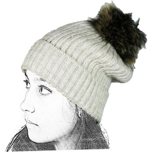 Long Knitted Cap Hat Woman Beige Wool Pompom Fur Ball Teddy Double Fabric Barney Ski Warm Winter