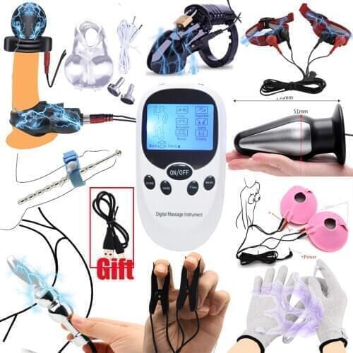 Electric Shock Pulse Anal Bead Butt Plug Urethral Catheter Cock Cage Penis Ring Scrotum Sleeve SM Sex Glove Nipple Clamp Sex Toy