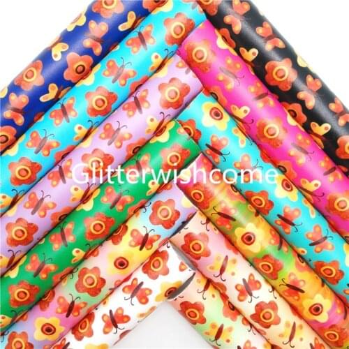 Glitterwishcome Butterfly Printed Smooth Synthetic Leather Faux Fabric Sheets Felt Backing for Accessories DIY 21X29CM GM1054A