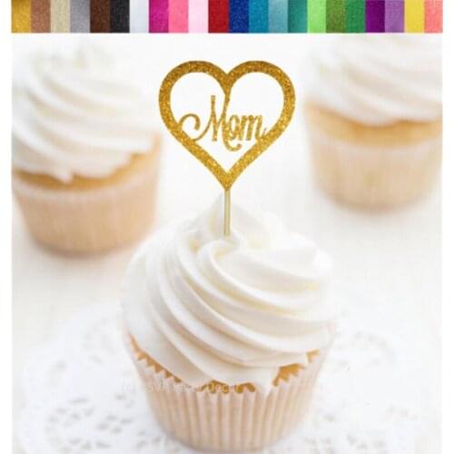 Personalised Mom Heart Cupcake Toppers, Mothers Day glitter Cupcake Toppers, Mothers Day Decor, Mom Birthday Party Decorations