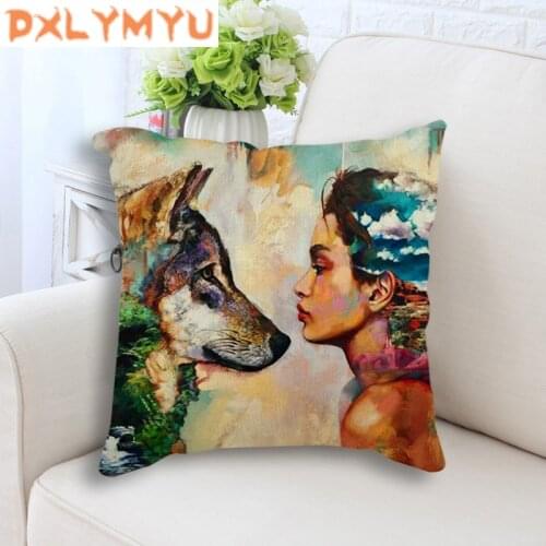 Linen Cotton Pillow Case Beauty Lady with Animal Picture Print Cushion Cover Sofa Seat Cushion Case 45x45cm Decorative Cushion