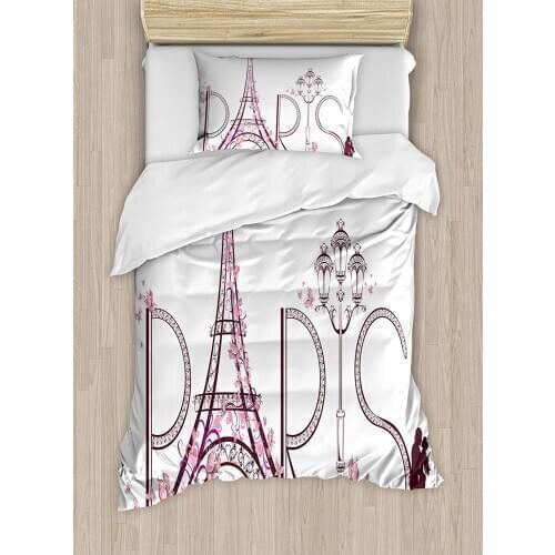 Paris Duvet Cover Set Twin Size Tower Eiffel with Paris Lettering Couple Trip Flowers Floral Artful Design Print Decorative