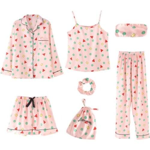 Womens 7 Pieces Pajamas Set Sexy Lace Silk Stain Ladies Sleepwear Home Wear Pyjamas Nightwear Top Shorts Pants Autumn Summer