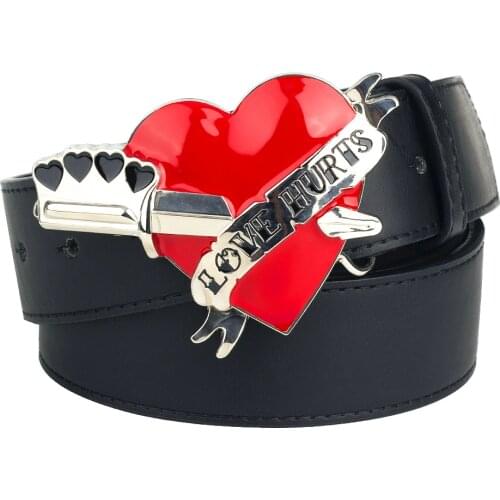 Novelty Belt Red Heart Buckle Decorative Waistband Love Hurts Letter Leather Belts For Women & Man Gift