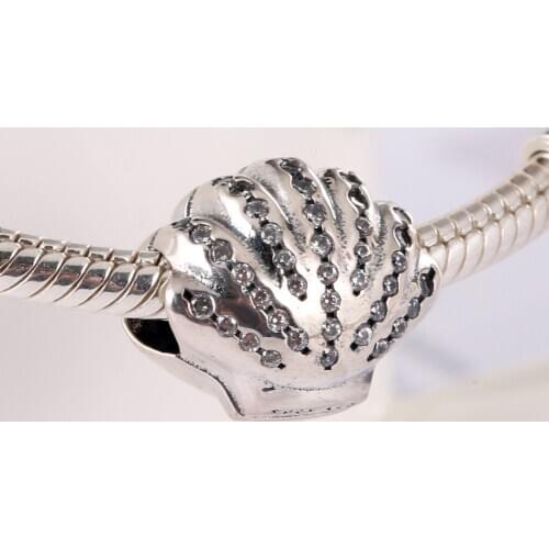 S925 Bead DIY Jewelry Sparkling Pave Shell Charm fit Lady Bracelet Bangle Girl Gift Clear CZ