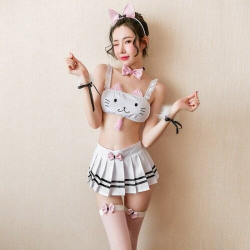 Sexy Cosplay Costume Student Sailor with white with Pink color uniform Kwaii transparent Lolita Top Skirt Panty Erotic Roleplay