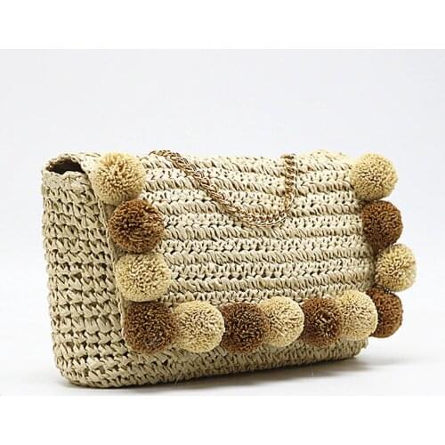 TOBO New Fur Ball Straw Woven Bag Handmade Chain Crossbody Handbags for Women 2021 Womens Beach Tote Bag Summer Shoulder Bag