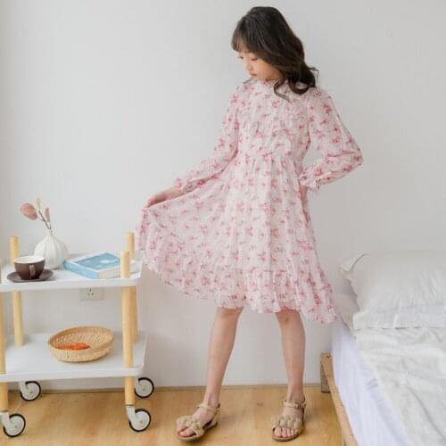 Spring 2021 New Kids Girl Chiffon Dress Children Clothing Teenage Girls Long Sleeve Floral Dresses Cute Princess Dresses, #8935