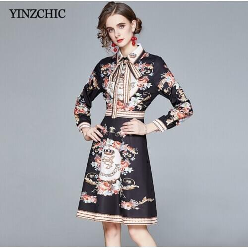Vintage Woman Spring Print Dress Turn-down Collar Female Elegant Mido Skirt Slim Sash Waisted A-line Vestidos Femme New 2021
