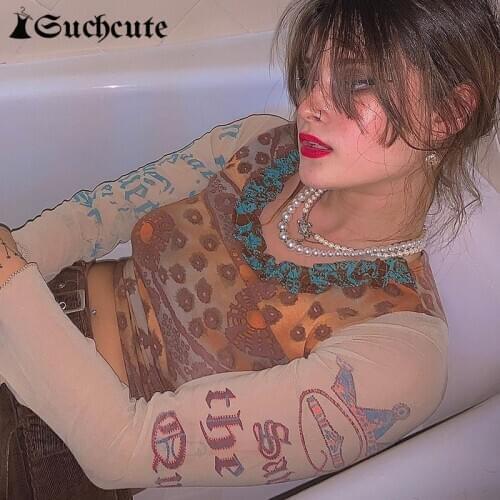 SUCHCUTE Y2K Aesthetic Printed Long Sleeve Womens T-Shirt 2020 Gothic Skinny Female T-Shirt Autumn Fashion Streetwear