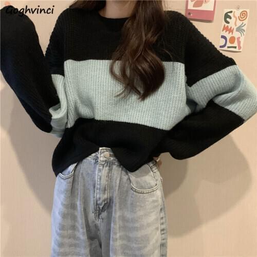 Women Pullovers Patchwork Long Sleeve O-neck Loose Knitted Korean Style Students Leisure Chic Classical Daily All-match Sweaters