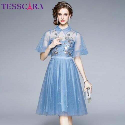 TESSCARA Women Summer Luxury Sequin Mesh Dress Festa High Quality Elegant Blue Wedding Party Robe Femme Runway Designer Vestidos