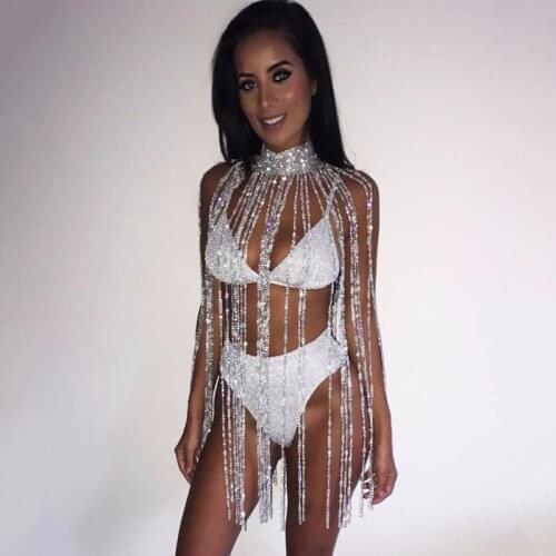 Women Rhinestone Tassel Chain Mini Dress Sexy See Throug Statement Necklace Sliver Diamond Sleeveless Hollow Out Chokers Dress