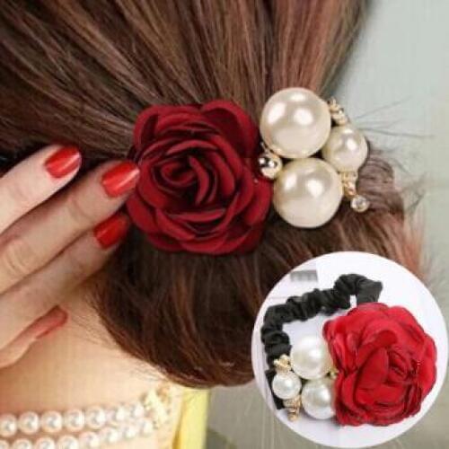 100pcs/lot DIY Multi Simple Fabrics Pearl Rose Rubber Bands Elasticity Drill Camellia Hair Rings Styling Tools Accessories HA756