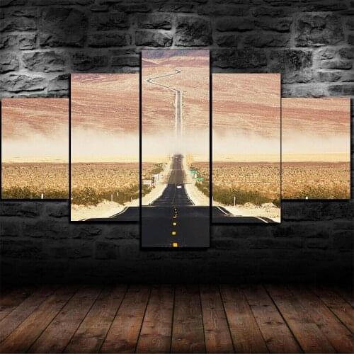 Framed Californian desert Road Meadow HD Printed 5 Pcs Canvas Art Wall Decor, Wall Art Pictures Home Decor Print Painting