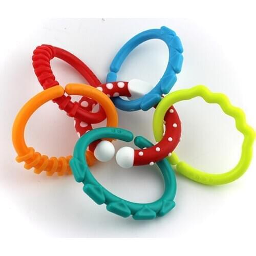 6pcs Baby Teething Ring Silicone Teether Bracelet Sensory Toys Rattle Colorful Rainbow Crib Bed Stroller Link