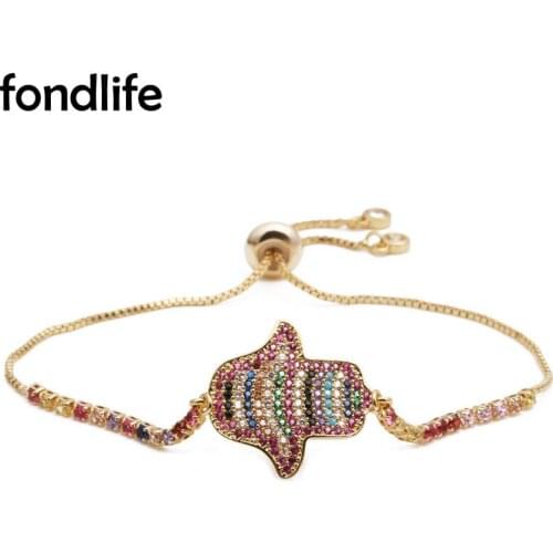 AAA Multicolor Cubic Zirconia Stones Hamsa Hand Of Fatima Charm Bracelet Women Colorful CZ Gold-plated Brass Chain Jewelry Gift