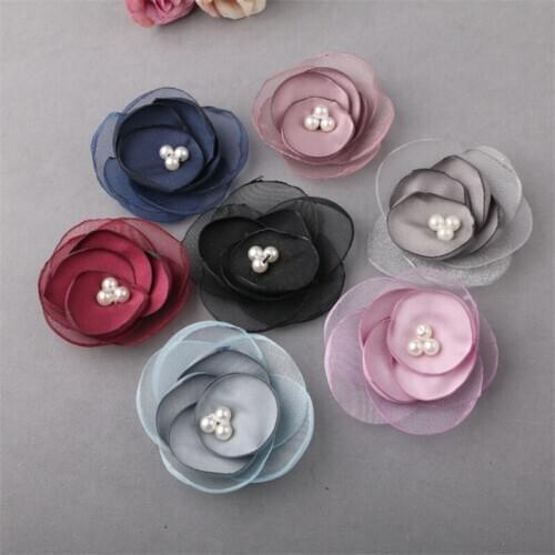 Free Shipping 24PCS/Lot Saw On Pearls Core Decorated Fabric Flower Craft Fit for Fashion Girl Hair Jewelry Headband Shoe Garment