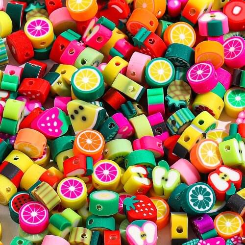 40pcs/lot Strawberry / Grape / Lemon / Orange Shape Polymer Clay Beads Mixed Fruit Spacer Loose Beads for Making DIY Accessories