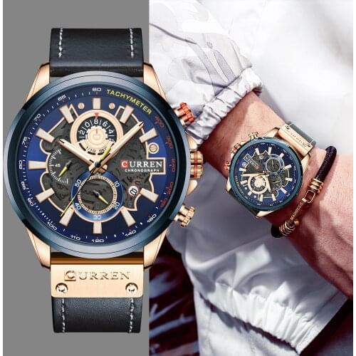 2020CURREN Fashion Mens Watches Top Luxury Brand Sport Wrist Watch Military Genuine Leather Chronograph Quartz Relogio Masculino