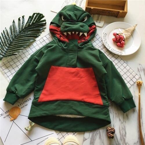 Tonytaobaby Winter New Style Baby Dinosaur Pure Cotton Green Pullover Plus Velvet Thick Coat