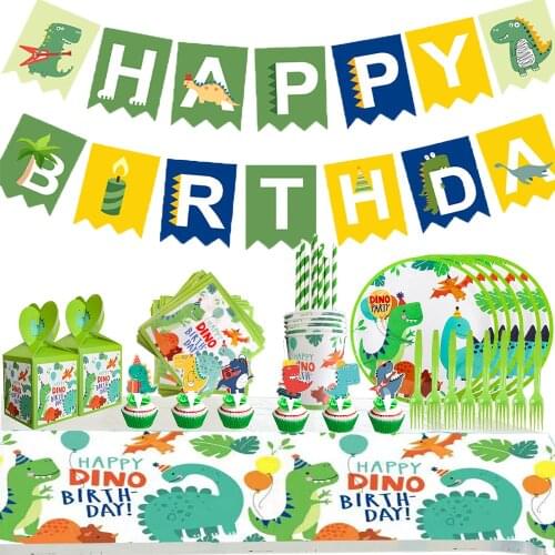 Dinosaur Cartoon Theme Kid Birthday Party Supplies Decoration Banner Tableware Baby Shower Decor Disposable Tableware Napkin